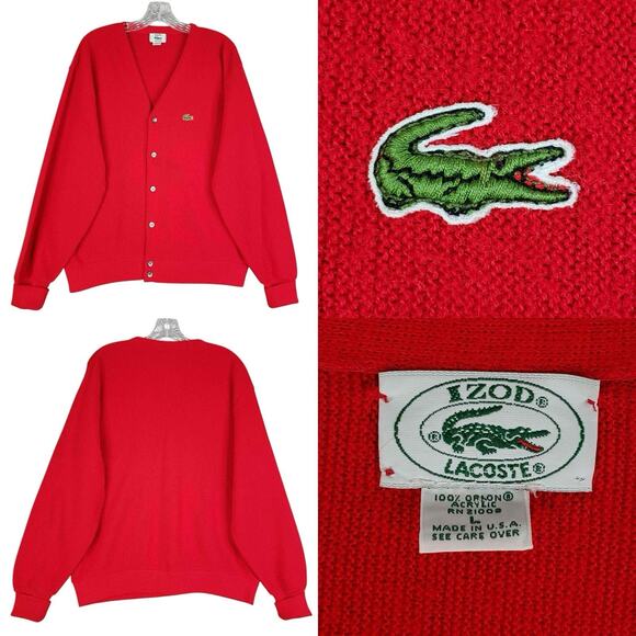 Vintage Izod Lacoste Sweater Mens Large Wool Button Up Cardigan Alligator Red - Picture 1 of 9